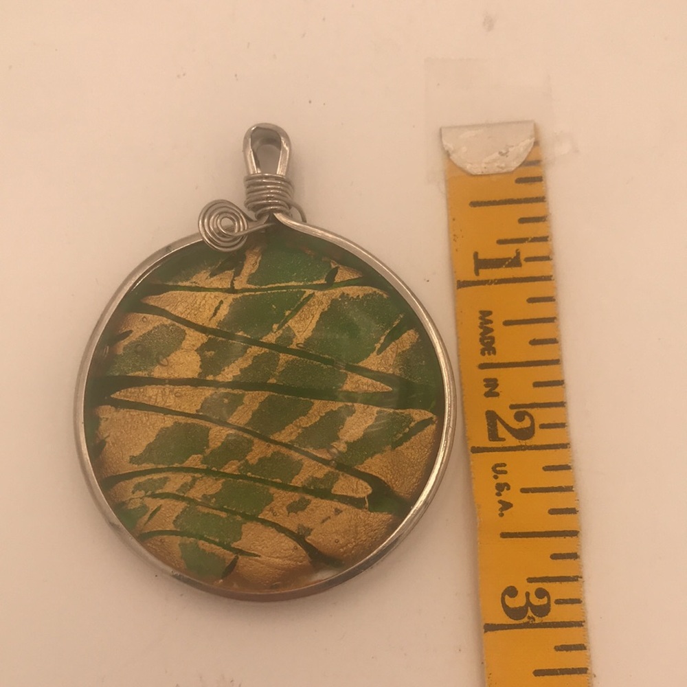Handmade Large Green & Gold Glass Silver-Wrapped Pendant - Picture 5 of 6